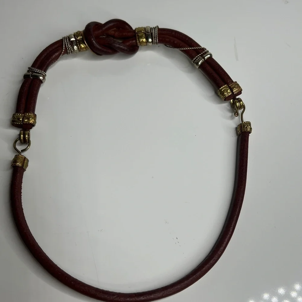 Brown Leather & Brass Semi Structured Necklace